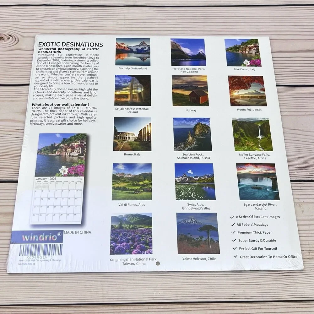 Windrio Wall Calendar 2026 Exotic Destinations World Travel Series 14 Month NEW